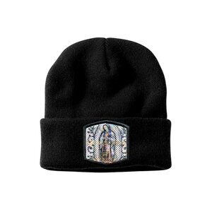 B Winter Knit Beanie, Virgen de Guadalupe Embroidered Patch, Shiny Metallic Cap